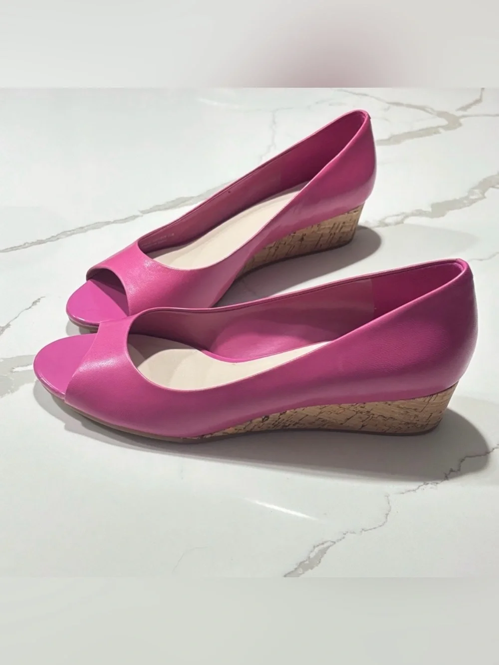 Cole Haan Women's Hot Pink Matte Finish Peep Toe Wedge Heels Cork Pumps Size 7.5